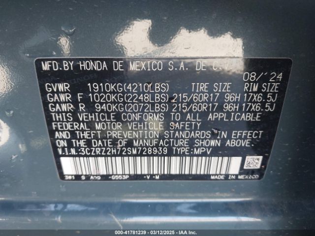 3CZRZ2H72SM728939 Honda Hr-v Awd Ex-l