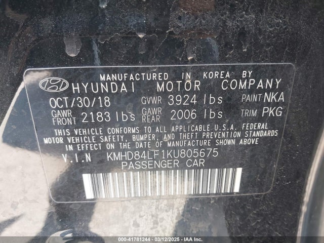 KMHD84LF1KU805675 Hyundai ELANTRA SEL