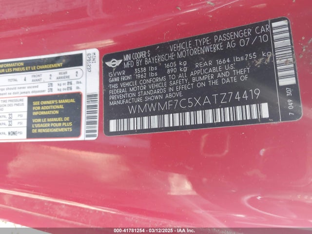 2010 MINI COOPER S WMWMF7C5XATZ74419 Photo 8