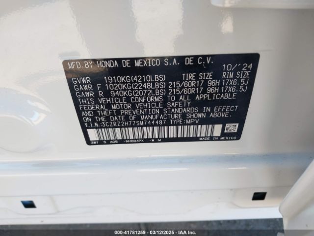 3CZRZ2H77SM744487 Honda Hr-v Awd Ex-l
