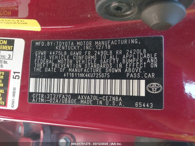 4T1B11HK4KU725075 Toyota CAMRY LE