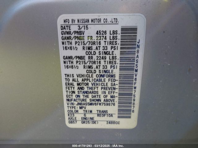 JN8AS5MV6FW759876 Nissan Rogue Select S