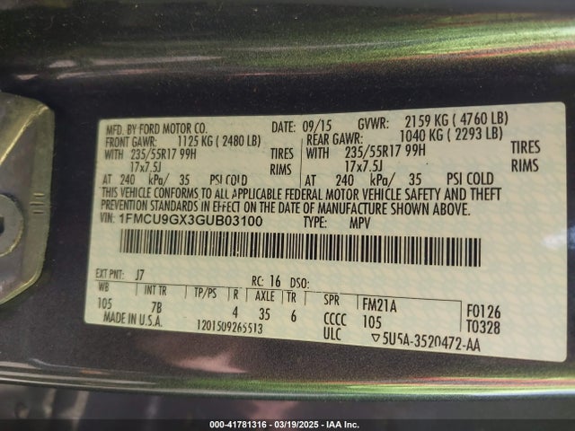 1FMCU9GX3GUB03100 Ford ESCAPE SE