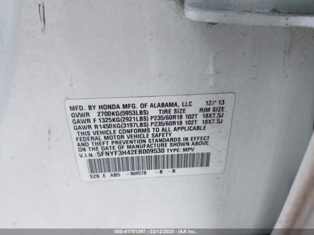 5FNYF3H42EB009530 Honda Pilot Ex