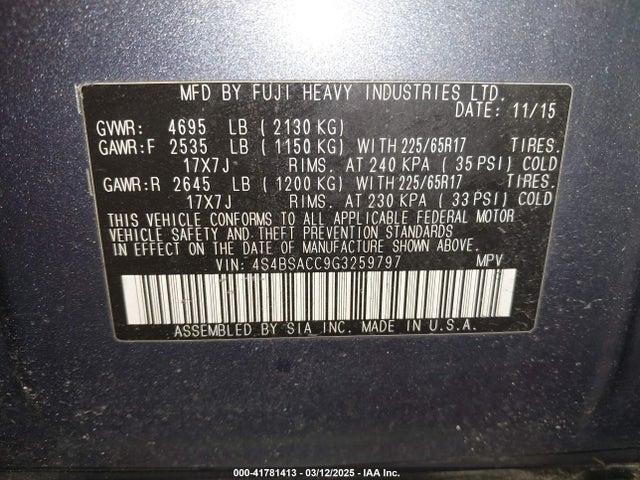 4S4BSACC9G3259797 Subaru Outback 2.5i Premium