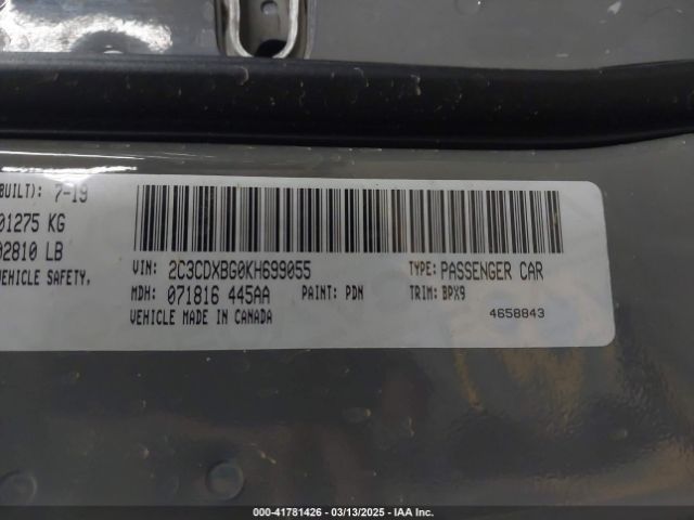 2C3CDXBG0KH699055 Dodge Charger Sxt Rwd