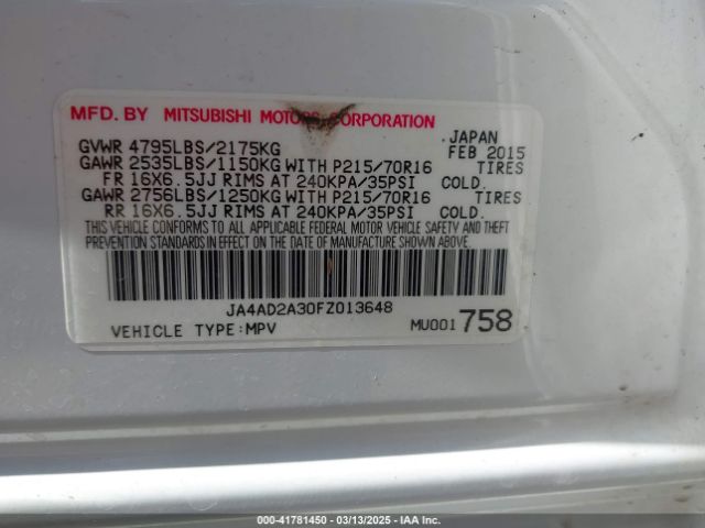 JA4AD2A30FZ013648 Mitsubishi Outlander Es