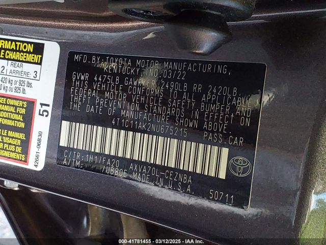 4T1C11AK2NU675215 Toyota CAMRY LE