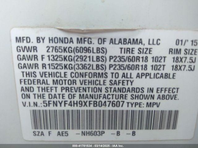 5FNYF4H9XFB047607 Honda Pilot Touring