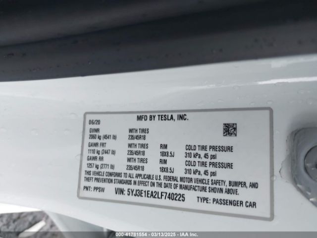 5YJ3E1EA2LF740225 Tesla Model 3 Standard Range Plus Rear-wheel Drive/standard Range Rear-wheel Drive