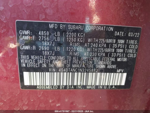 4S4BTANC1N3215882 Subaru Outback Limited