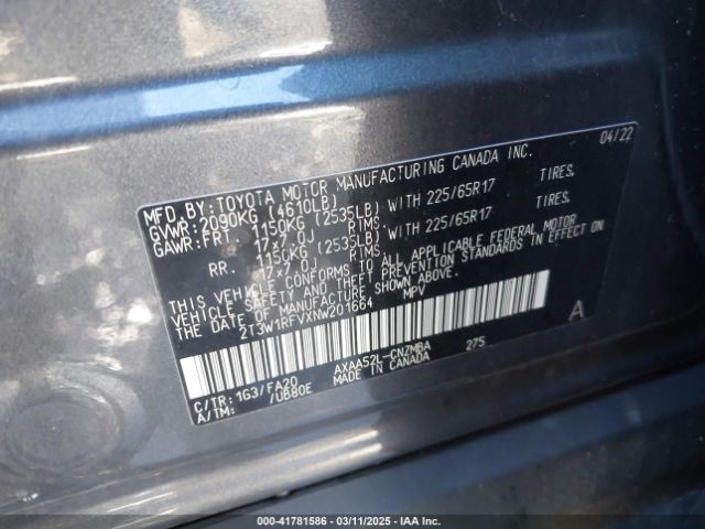 2T3W1RFVXNW201664 Toyota Rav4 Xle