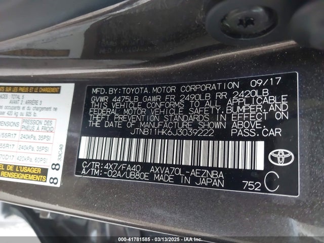JTNB11HK6J3039222 Toyota CAMRY LE