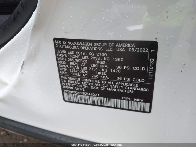 1V2AR2CA5NC548221 Volkswagen Atlas 3.6l V6 Sel R-line