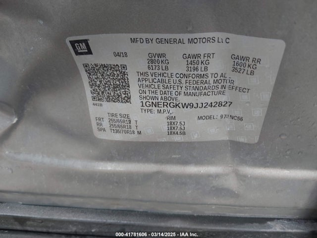 1GNERGKW9JJ242827 Chevrolet Traverse 1lt