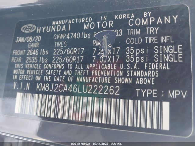 KM8J2CA46LU222262 Hyundai TUCSON SE