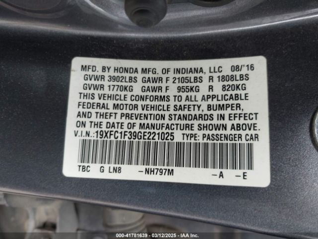 19XFC1F39GE221025 Honda Civic Ex-t