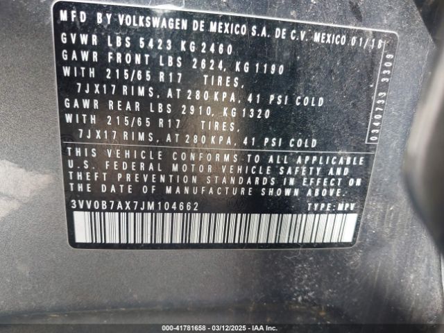 3VV0B7AX7JM104662 Volkswagen Tiguan 2.0t S