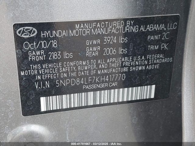 2019 HYUNDAI ELANTRA 5NPD84LF7KH417770 Photo 8