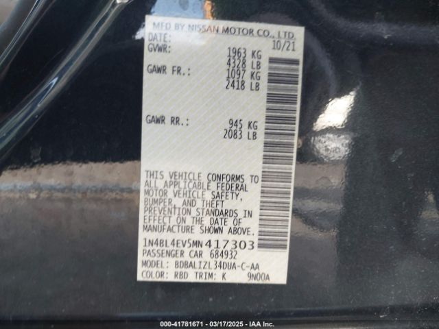 1N4BL4EV5MN417303 Nissan Altima Sl Fwd