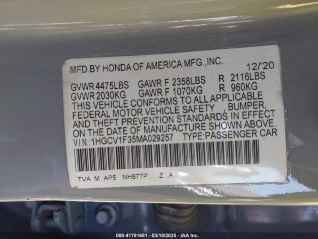 1HGCV1F35MA029257 Honda Accord Sport