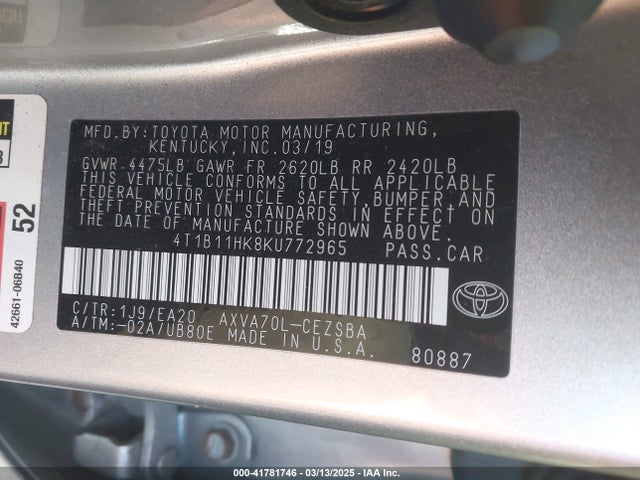 4T1B11HK8KU772965 Toyota CAMRY SE
