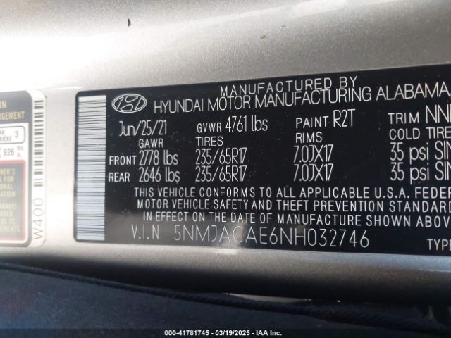 5NMJACAE6NH032746 Hyundai TUCSON SE
