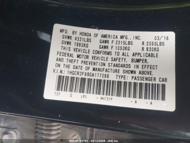 1HGCR2F89GA177096 Honda Accord Ex-l