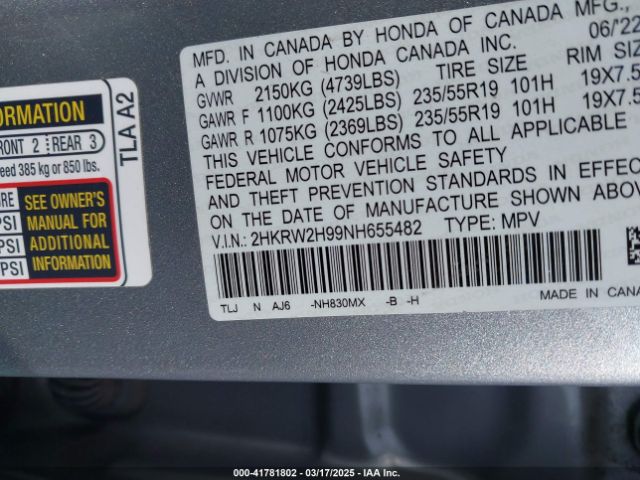 2HKRW2H99NH655482 Honda Cr-v Awd Touring