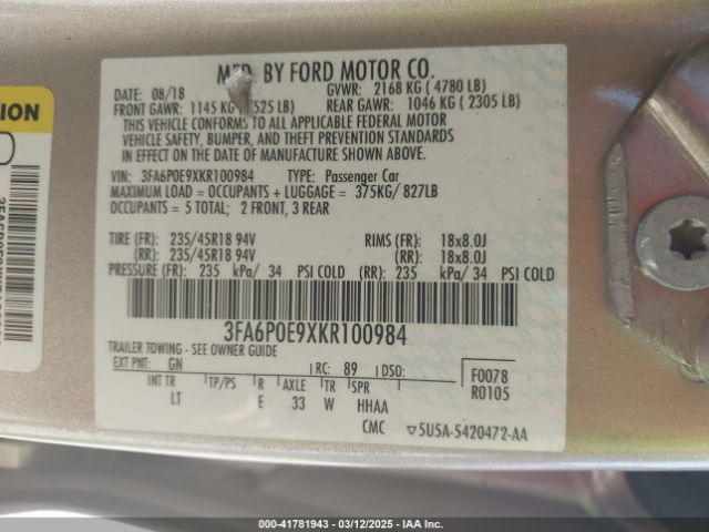 3FA6P0E9XKR100984 Ford FUSION SEL