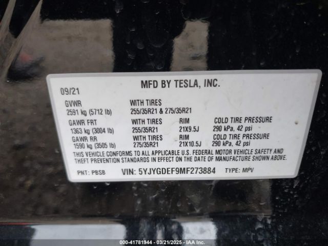 5YJYGDEF9MF273884 Tesla Model Y Performance Dual Motor All-wheel Drive