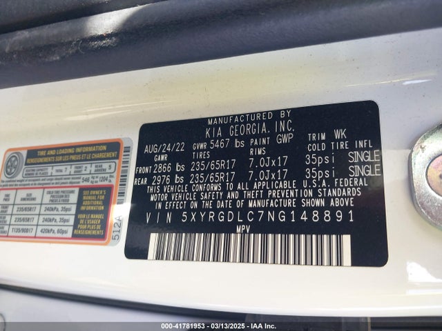 5XYRGDLC7NG148891 KIA SORENTO LX