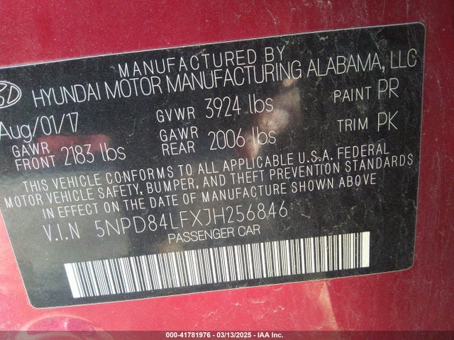 5NPD84LFXJH256846 Hyundai ELANTRA SEL