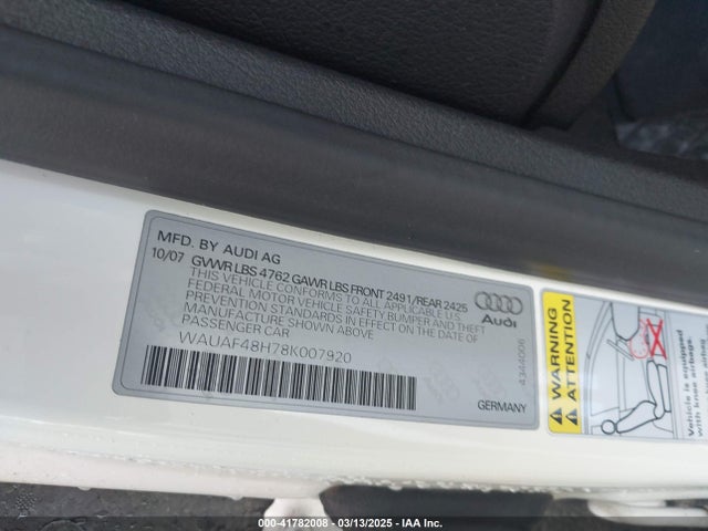 2008 AUDI A4 WAUAF48H78K007920 Photo 8