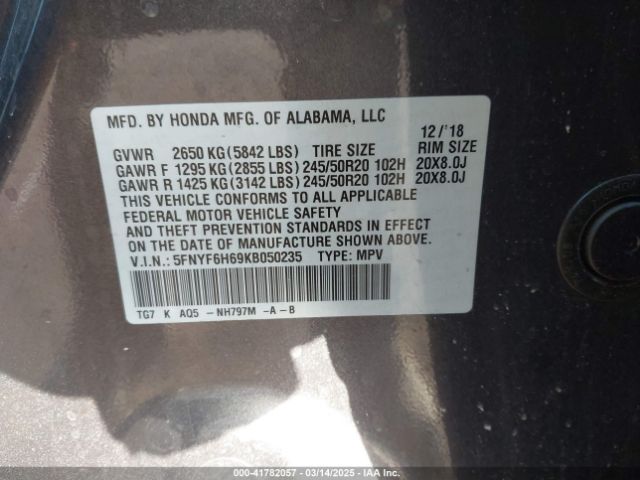 5FNYF6H69KB050235 Honda Pilot Touring