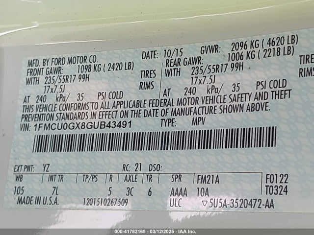 1FMCU0GX8GUB43491 Ford ESCAPE SE