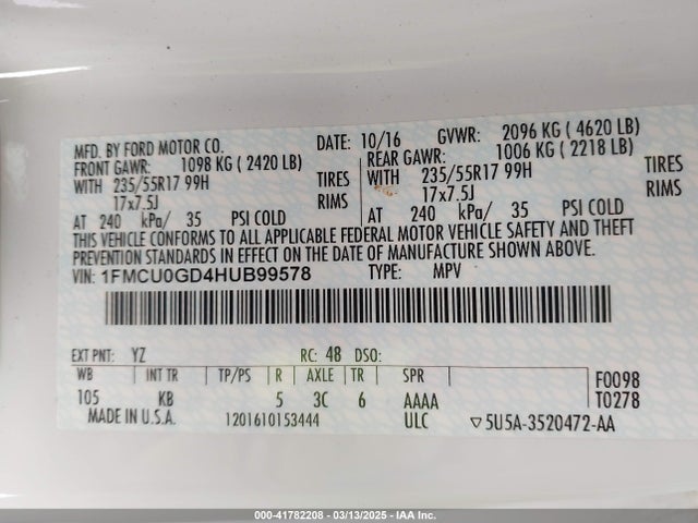 1FMCU0GD4HUB99578 Ford ESCAPE SE