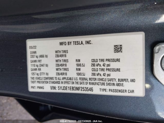 5YJ3E1EB3NF253546 Tesla Model 3 Long Range Dual Motor All-wheel Drive