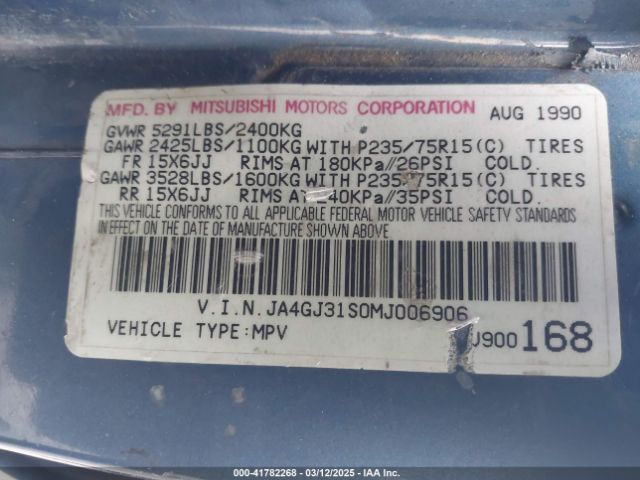 1991 MITSUBISHI MONTERO JA4GJ31S0MJ006906 Photo 8