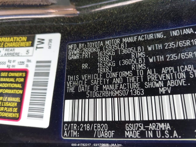 5TDGZRBH6MS071363 Toyota Highlander Xle