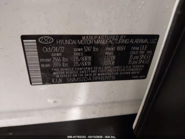 5NMS2DAJ1PH519716 Hyundai Santa Fe Sel