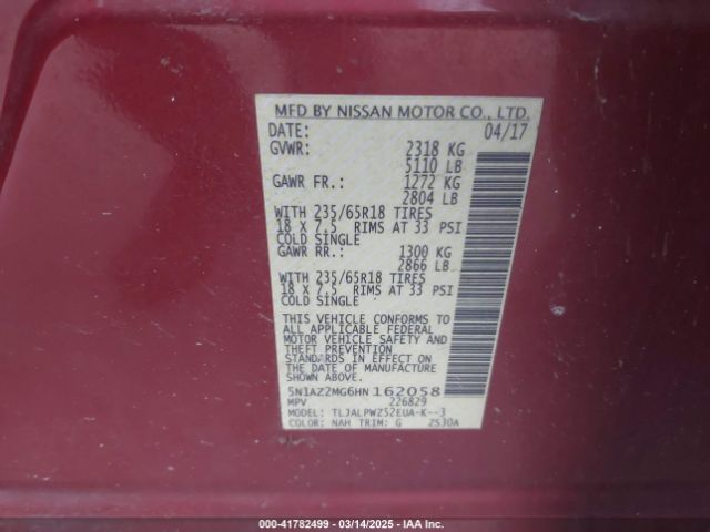5N1AZ2MG6HN162058 Nissan MURANO S