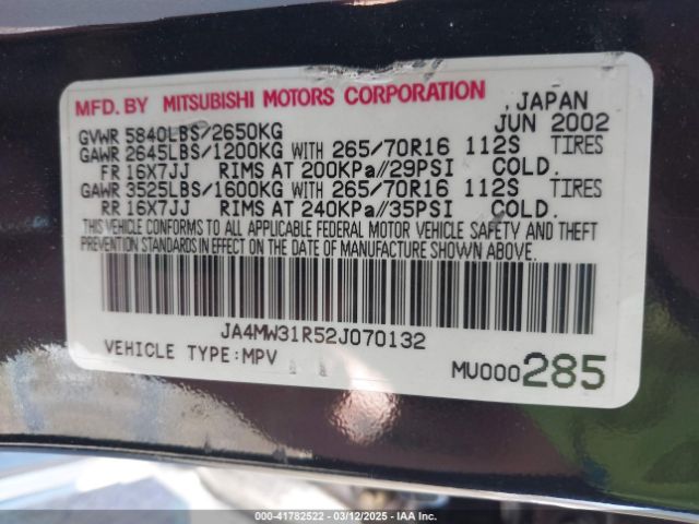 2002 MITSUBISHI MONTERO JA4MW31R52J070132 Photo 8