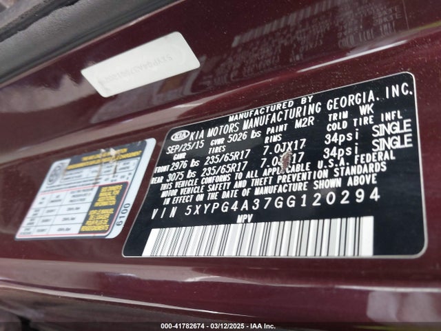 5XYPG4A37GG120294 KIA Sorento 2.4l Lx