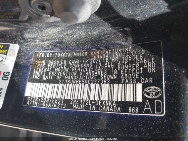 2T1BURHE5KC237383 Toyota COROLLA LE