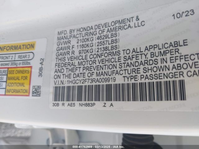 1HGCY2F73RA009919 Honda Accord Hybrid Sport-l