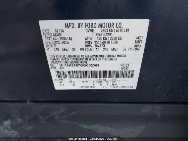 1FM5K8F87GGC32362 Ford Explorer Limited