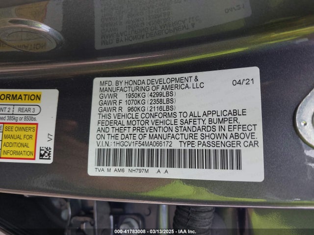 1HGCV1F54MA066172 Honda Accord Ex-l