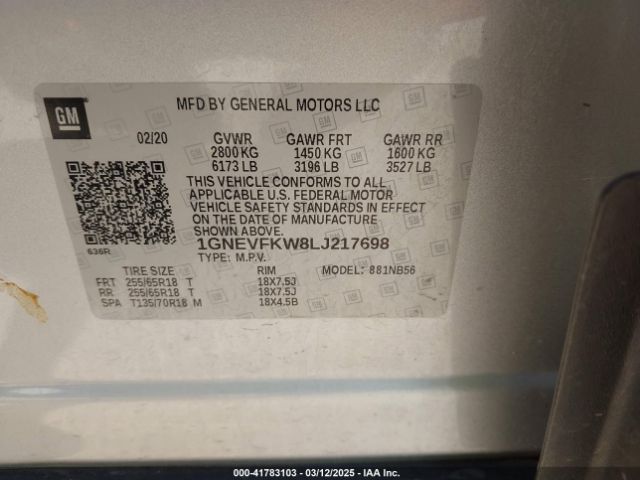 1GNEVFKW8LJ217698 Chevrolet Traverse Awd Ls