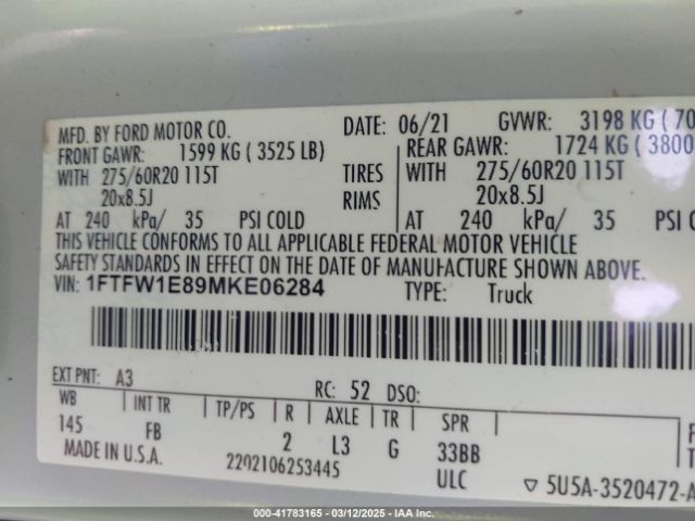 1FTFW1E89MKE06284 Ford F-150 Xlt